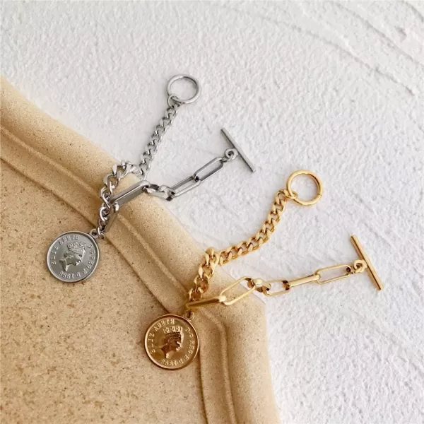 Fashion Link Charm Coin Bracelet for Women Stainless Steel Asymmetrical Toggle Chain Queen Elizabeth Goddess Worship Celebrity Medallion Keepsake Dainty Jewelry Silver