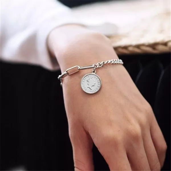 Fashion Link Charm Coin Bracelet for Women Stainless Steel Asymmetrical Toggle Chain Queen Elizabeth Goddess Worship Celebrity Medallion Keepsake Dainty Jewelry Silver