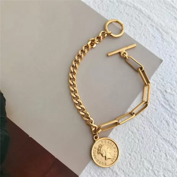 Fashion Link Charm Coin Bracelet for Women Stainless Steel Asymmetrical Toggle Chain Queen Elizabeth Goddess Worship Celebrity Medallion Keepsake Dainty Jewelry 14k Gold Plated