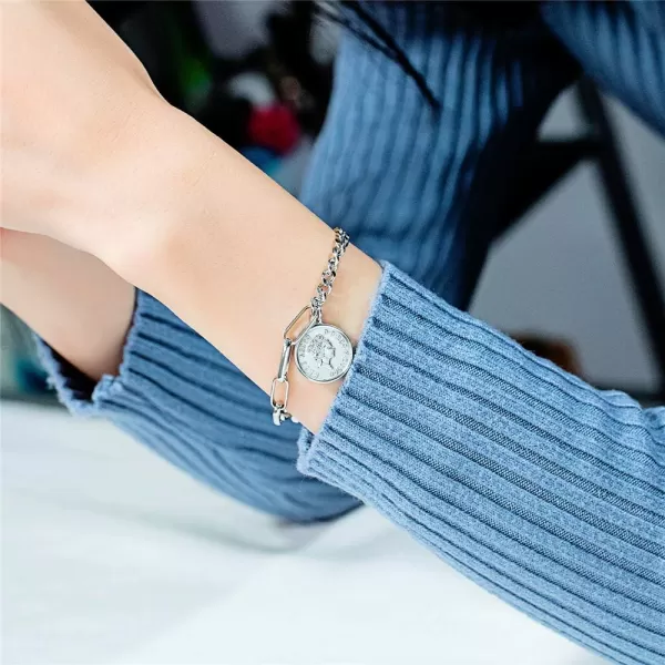 Fashion Link Charm Coin Bracelet for Women Stainless Steel Asymmetrical Toggle Chain Queen Elizabeth Goddess Worship Celebrity Medallion Keepsake Dainty Jewelry Silver