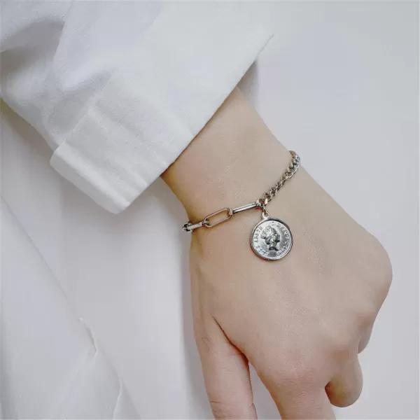 Fashion Link Charm Coin Bracelet for Women Stainless Steel Asymmetrical Toggle Chain Queen Elizabeth Goddess Worship Celebrity Medallion Keepsake Dainty Jewelry Silver