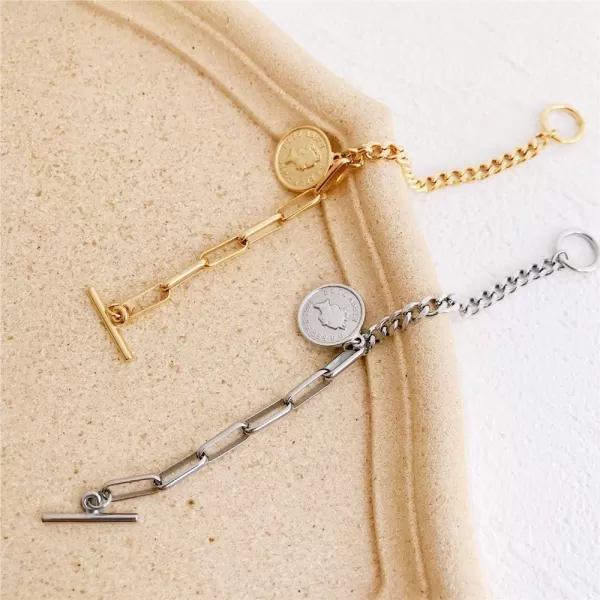 Fashion Link Charm Coin Bracelet for Women Stainless Steel Asymmetrical Toggle Chain Queen Elizabeth Goddess Worship Celebrity Medallion Keepsake Dainty Jewelry Silver