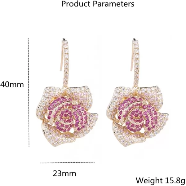 Huggie CZ Flower Dangle Stud Earrings for Women Girls with Charms Fashion Luxury Pave Rhinestone Filigree Camellia Rose Dainty Crystal Drop Dangling Wedding Prom Jewelry Dainty Gifts Valentine Mothers DayRed