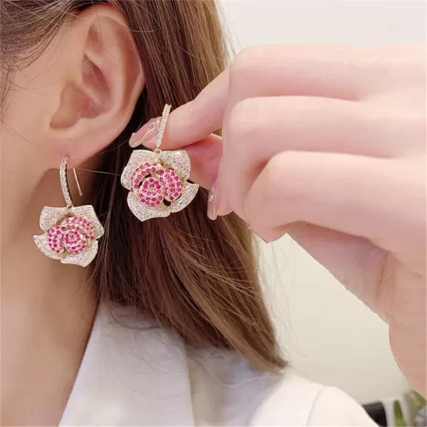 Huggie CZ Flower Dangle Stud Earrings for Women Girls with Charms Fashion Luxury Pave Rhinestone Filigree Camellia Rose Dainty Crystal Drop Dangling Wedding Prom Jewelry Dainty Gifts Valentine Mothers DayRed