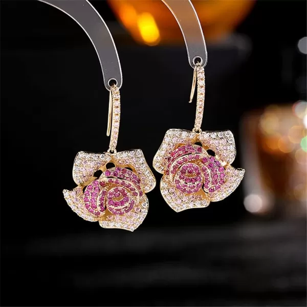 Huggie CZ Flower Dangle Stud Earrings for Women Girls with Charms Fashion Luxury Pave Rhinestone Filigree Camellia Rose Dainty Crystal Drop Dangling Wedding Prom Jewelry Dainty Gifts Valentine Mothers DayRed