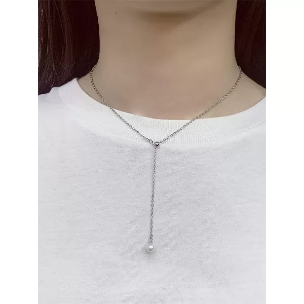 Lariat Pearl Pendant Y Long Chain Necklace for Women Girls Imitation White Pearl Ball Choker Necklaces Wedding Birthday Jewelry Gift BoxSilver Plated
