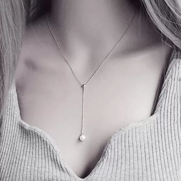 Lariat Pearl Pendant Y Long Chain Necklace for Women Girls Imitation White Pearl Ball Choker Necklaces Wedding Birthday Jewelry Gift BoxSilver Plated