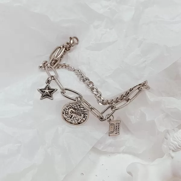 Lucky Elephant Bracelet for Women Girls Stainless Steel Cute Charm Animal Black Star Geometric Disc Square Paperclip Link Chain Adjustable Personalized Jewelry