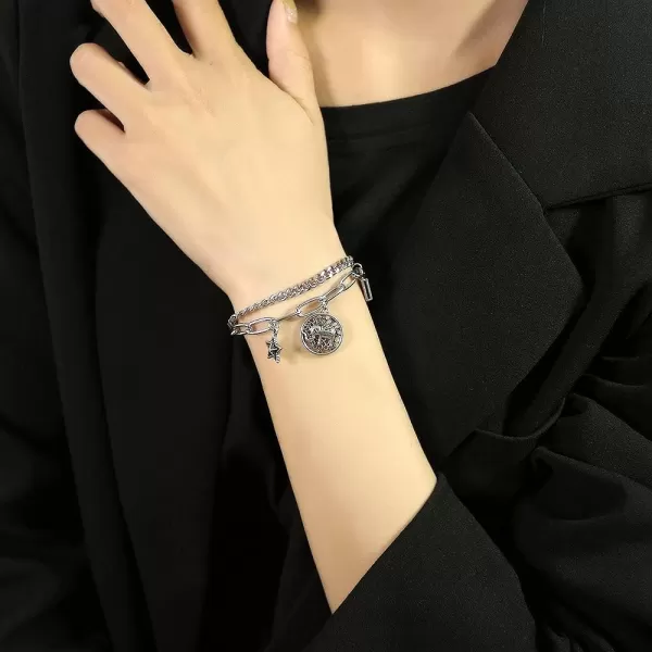 Lucky Elephant Bracelet for Women Girls Stainless Steel Cute Charm Animal Black Star Geometric Disc Square Paperclip Link Chain Adjustable Personalized Jewelry