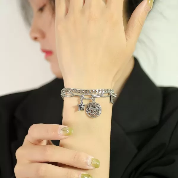 Lucky Elephant Bracelet for Women Girls Stainless Steel Cute Charm Animal Black Star Geometric Disc Square Paperclip Link Chain Adjustable Personalized Jewelry