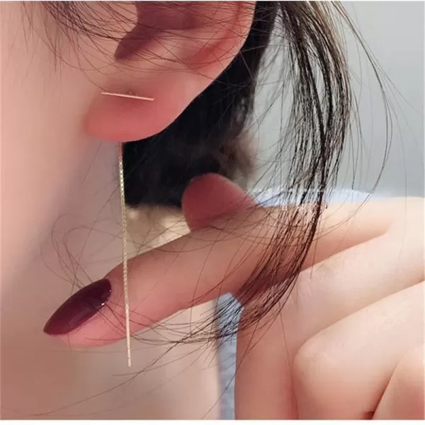 Minimalist Threader Bar Earrings for Women Girls S925 Sterling Silver Charm Long Tassel Chain Drop Dangling Simple Wire Thread Piercing Ear Stud Hypoallergenic Fashion Chic EarringGold Plated