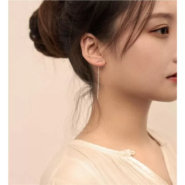 Minimalist Threader Bar Earrings for Women Girls S925 Sterling Silver Charm Long Tassel Chain Drop Dangling Simple Wire Thread Piercing Ear Stud Hypoallergenic Fashion Chic EarringSilver