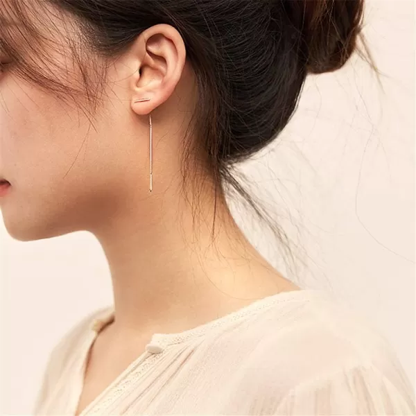 Minimalist Threader Bar Earrings for Women Girls S925 Sterling Silver Charm Long Tassel Chain Drop Dangling Simple Wire Thread Piercing Ear Stud Hypoallergenic Fashion Chic EarringGold Plated
