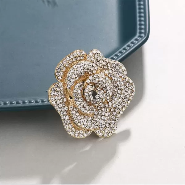 Rhinestone Rose Brooch Pin for Women Girls Fashion Crystal Big Blossom Flower Brooch Lapel Pins Elegant Dress Accessories Jewelry Boutonniere Corsage for Hat Bag Suit Tie Gift Wedding Mothers DayGold Plated