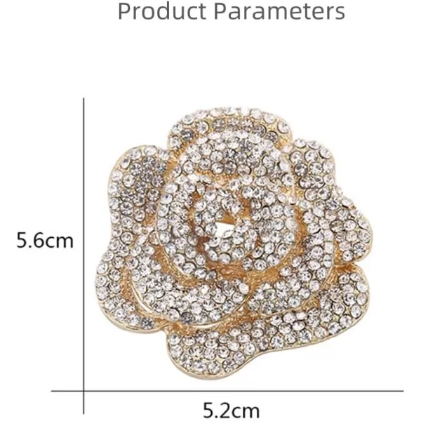 Rhinestone Rose Brooch Pin for Women Girls Fashion Crystal Big Blossom Flower Brooch Lapel Pins Elegant Dress Accessories Jewelry Boutonniere Corsage for Hat Bag Suit Tie Gift Wedding Mothers DayGold Plated