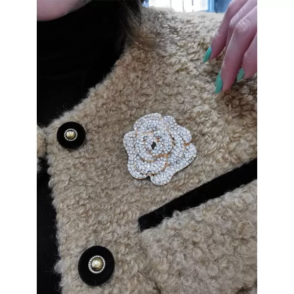 Rhinestone Rose Brooch Pin for Women Girls Fashion Crystal Big Blossom Flower Brooch Lapel Pins Elegant Dress Accessories Jewelry Boutonniere Corsage for Hat Bag Suit Tie Gift Wedding Mothers DayGold Plated