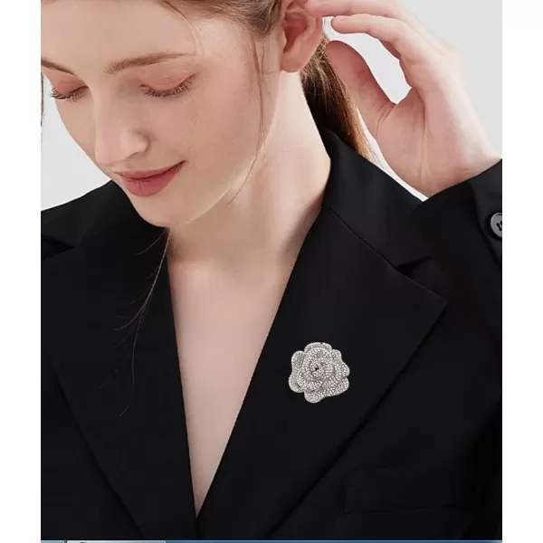 Rhinestone Rose Brooch Pin for Women Girls Fashion Crystal Big Blossom Flower Brooch Lapel Pins Elegant Dress Accessories Jewelry Boutonniere Corsage for Hat Bag Suit Tie Gift Wedding Mothers DaySilver Plated