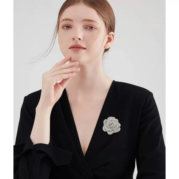 Rhinestone Rose Brooch Pin for Women Girls Fashion Crystal Big Blossom Flower Brooch Lapel Pins Elegant Dress Accessories Jewelry Boutonniere Corsage for Hat Bag Suit Tie Gift Wedding Mothers DaySilver Plated