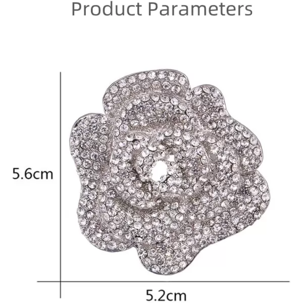 Rhinestone Rose Brooch Pin for Women Girls Fashion Crystal Big Blossom Flower Brooch Lapel Pins Elegant Dress Accessories Jewelry Boutonniere Corsage for Hat Bag Suit Tie Gift Wedding Mothers DaySilver Plated