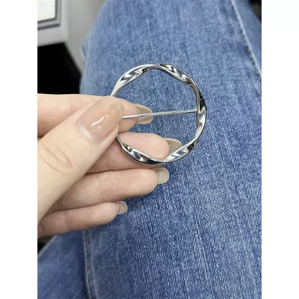 Round Twisted Circle Silk Scarf Ring Brooch for Women Girls Minimalist Shawl Scarves Buckle Wrap Clip Fashion Dress Accessories Decoration Jewelry GiftSilver
