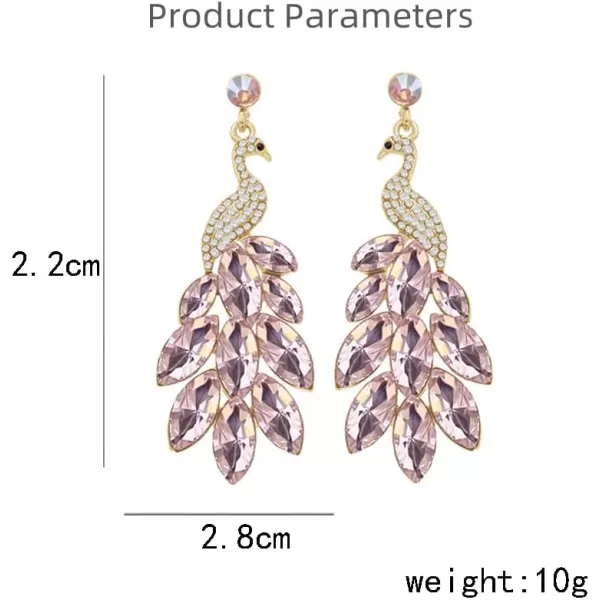Vintage Peacock Dangle Earrings for Women Girls 14K Gold Plated Green Crystal Feather Peafowl Statement Drop Dangling Stud Earring Boho Exaggerated Birthday Holiday Jewelry GiftsLight Pink