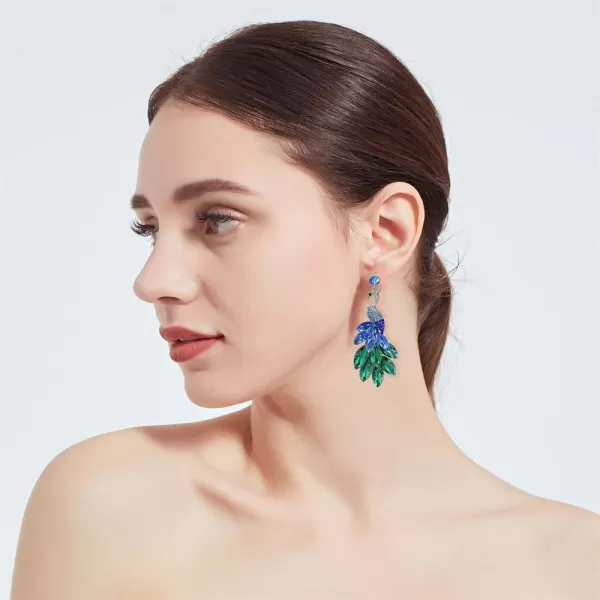 Vintage Peacock Dangle Earrings for Women Girls 14K Gold Plated Green Crystal Feather Peafowl Statement Drop Dangling Stud Earring Boho Exaggerated Birthday Holiday Jewelry GiftsBlue Green