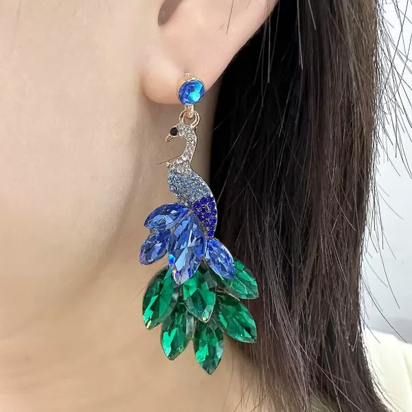 Vintage Peacock Dangle Earrings for Women Girls 14K Gold Plated Green Crystal Feather Peafowl Statement Drop Dangling Stud Earring Boho Exaggerated Birthday Holiday Jewelry GiftsBlue Green