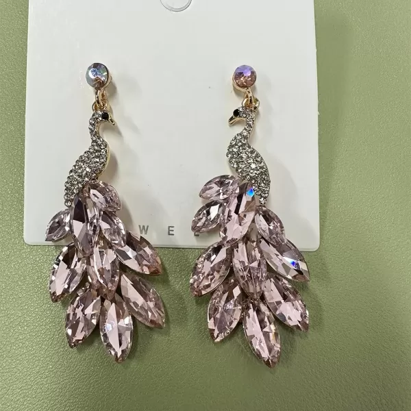 Vintage Peacock Dangle Earrings for Women Girls 14K Gold Plated Green Crystal Feather Peafowl Statement Drop Dangling Stud Earring Boho Exaggerated Birthday Holiday Jewelry GiftsLight Pink