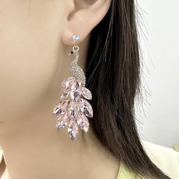 Vintage Peacock Dangle Earrings for Women Girls 14K Gold Plated Green Crystal Feather Peafowl Statement Drop Dangling Stud Earring Boho Exaggerated Birthday Holiday Jewelry GiftsLight Pink