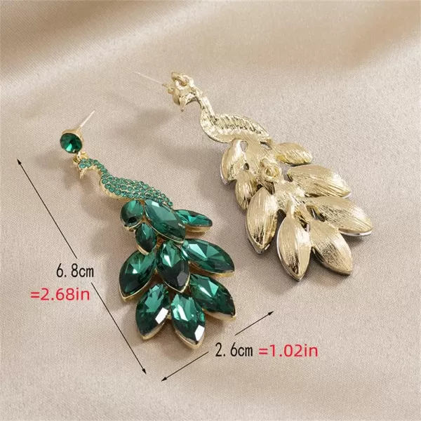 Vintage Peacock Dangle Earrings for Women Girls 14K Gold Plated Green Crystal Feather Peafowl Statement Drop Dangling Stud Earring Boho Exaggerated Birthday Holiday Jewelry GiftsGreen