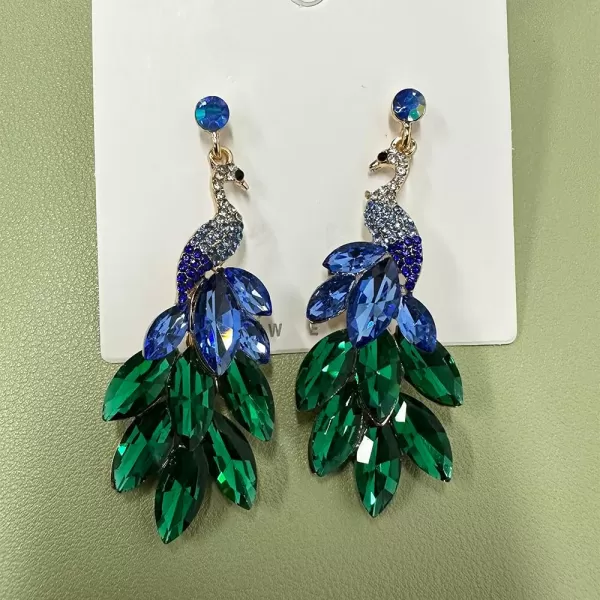 Vintage Peacock Dangle Earrings for Women Girls 14K Gold Plated Green Crystal Feather Peafowl Statement Drop Dangling Stud Earring Boho Exaggerated Birthday Holiday Jewelry GiftsBlue Green