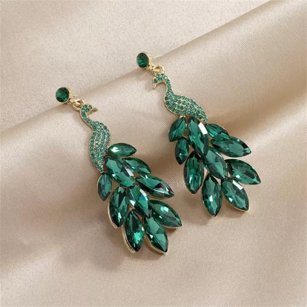 Vintage Peacock Dangle Earrings for Women Girls 14K Gold Plated Green Crystal Feather Peafowl Statement Drop Dangling Stud Earring Boho Exaggerated Birthday Holiday Jewelry GiftsGreen