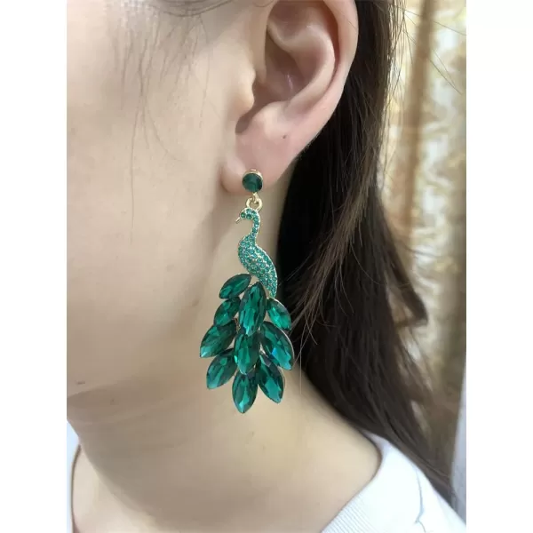 Vintage Peacock Dangle Earrings for Women Girls 14K Gold Plated Green Crystal Feather Peafowl Statement Drop Dangling Stud Earring Boho Exaggerated Birthday Holiday Jewelry GiftsGreen