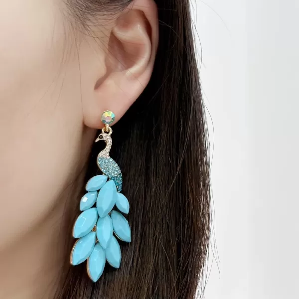 Vintage Peacock Dangle Earrings for Women Girls 14K Gold Plated Green Crystal Feather Peafowl Statement Drop Dangling Stud Earring Boho Exaggerated Birthday Holiday Jewelry GiftsTurquoise
