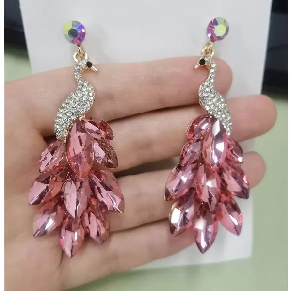 Vintage Peacock Dangle Earrings for Women Girls 14K Gold Plated Green Crystal Feather Peafowl Statement Drop Dangling Stud Earring Boho Exaggerated Birthday Holiday Jewelry GiftsPink
