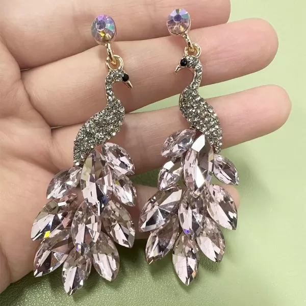 Vintage Peacock Dangle Earrings for Women Girls 14K Gold Plated Green Crystal Feather Peafowl Statement Drop Dangling Stud Earring Boho Exaggerated Birthday Holiday Jewelry GiftsLight Pink