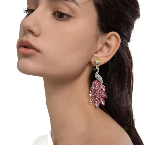 Vintage Peacock Dangle Earrings for Women Girls 14K Gold Plated Green Crystal Feather Peafowl Statement Drop Dangling Stud Earring Boho Exaggerated Birthday Holiday Jewelry GiftsPink