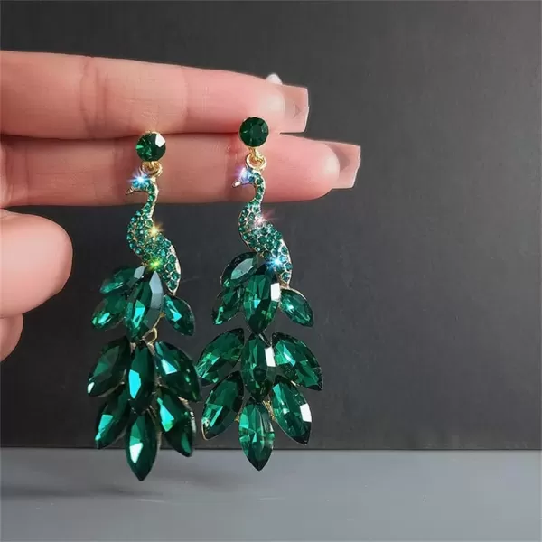 Vintage Peacock Dangle Earrings for Women Girls 14K Gold Plated Green Crystal Feather Peafowl Statement Drop Dangling Stud Earring Boho Exaggerated Birthday Holiday Jewelry GiftsGreen