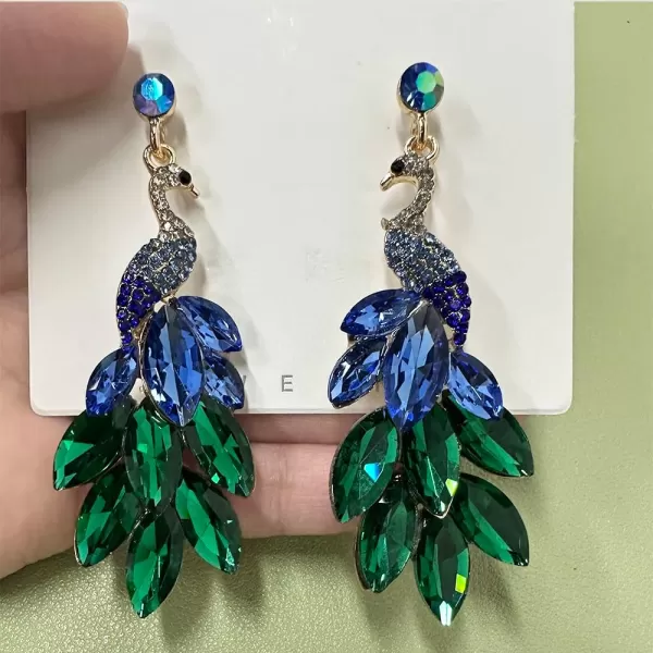 Vintage Peacock Dangle Earrings for Women Girls 14K Gold Plated Green Crystal Feather Peafowl Statement Drop Dangling Stud Earring Boho Exaggerated Birthday Holiday Jewelry GiftsBlue Green