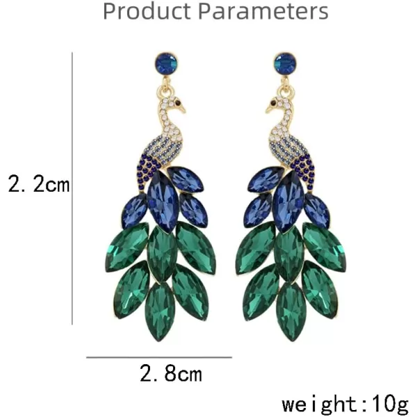 Vintage Peacock Dangle Earrings for Women Girls 14K Gold Plated Green Crystal Feather Peafowl Statement Drop Dangling Stud Earring Boho Exaggerated Birthday Holiday Jewelry GiftsBlue Green