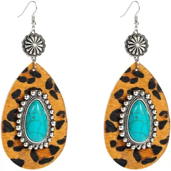 Big Turquoise Teardrop Leather Dangle Earrings for Women Girls Hypoallergenic Silvery Boho Ball Bead Flower Long Artificial Leather Leopard Print Statement Drop Stud Hook Retro Jewelry GiftsBrown