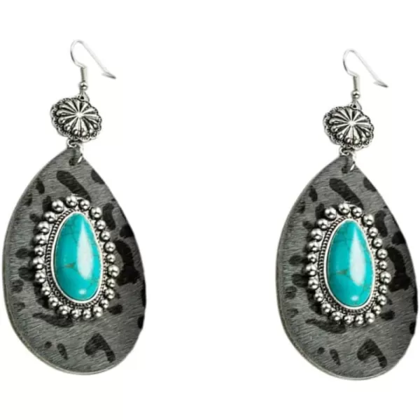 Big Turquoise Teardrop Leather Dangle Earrings for Women Girls Hypoallergenic Silvery Boho Ball Bead Flower Long Artificial Leather Leopard Print Statement Drop Stud Hook Retro Jewelry GiftsGrey