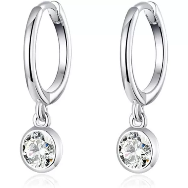 CZ Bezel Dangle Hoop Earrings for Women Girls 925 Sterling Silver Charms Minimalist Tiny Round Cubic Zirconia Drop Dangling Cartilage Helix Tragus Diamond Solicate Hypoallergenic JewelrySilver