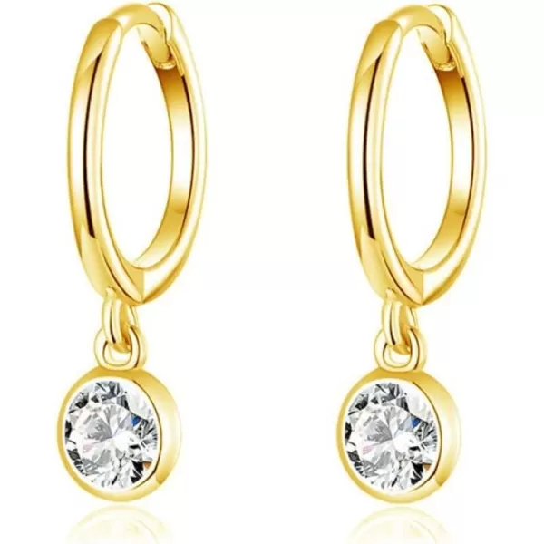 CZ Bezel Dangle Hoop Earrings for Women Girls 925 Sterling Silver Charms Minimalist Tiny Round Cubic Zirconia Drop Dangling Cartilage Helix Tragus Diamond Solicate Hypoallergenic JewelryGold Plated
