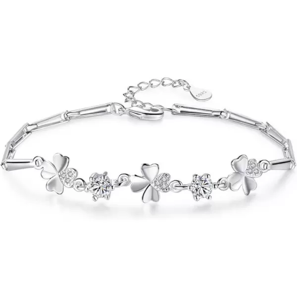 Clear CZ Heart Clover Flower Bracelet for Women 14K White Gold Plated Cubic Zirconia Birthstone Love Charms Adjustable Rectangle Bamboo Chains Fashion Dainty Jewelry Birthday Wedding