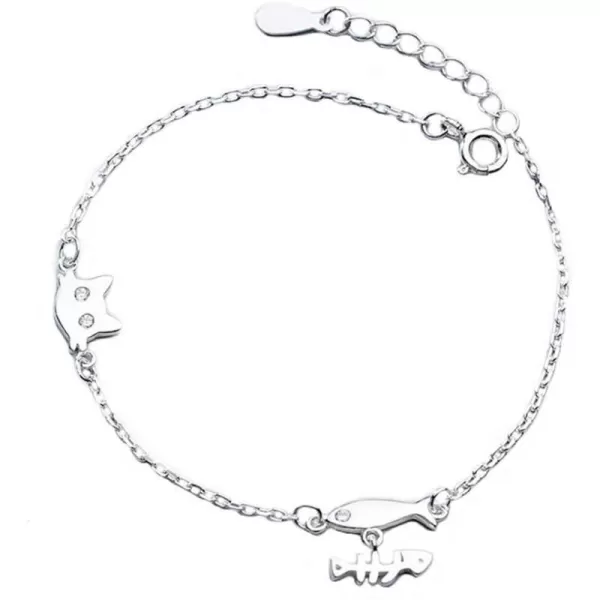 Cute Cat and Fish Sterling Silver Bracelet for Cubic Zirconia Micro Crystal Kitten Head Fishbone Charm Hand Chain Dainty Hypoallergenic Jewelry for Daughter Niece