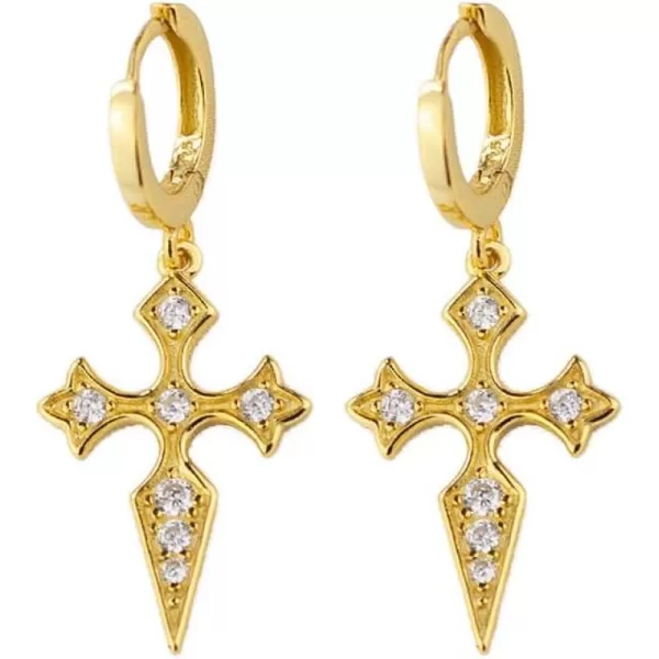 Dainty CZ Cross Dangle Hoop Earrings for Women Girls S925 Sterling Silver with Charms Cubic Zirconia Vintage Boho Baroque Crisscross Religious Drop Dangling Tiny Huggie Hoops Cartilage Helix JewelryGold Plated