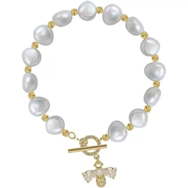 Dainty Pearl Bee Bracelet for Petite Women Gold Plated Cubic Zirconia Honeybee Geometric Imitation Pearls Ball Bead OT Clasp Handmade Charm Chain Baroque Retro Jewelry for Daughter Niece
