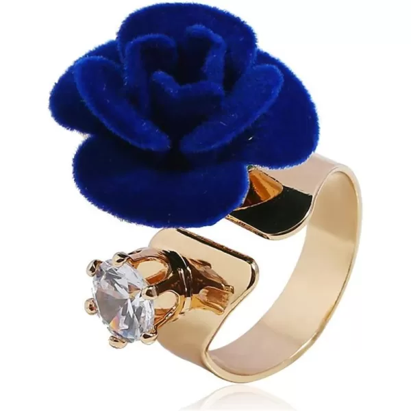 Dtja CZ Flower Wedding Ring for Women Girls Statement Engagement Round Rhinestone Suede Rose Adjustable Open Band Finger Rings Comfort Fit Cocktail Party Vintage Y2K Jewelry GiftBlue