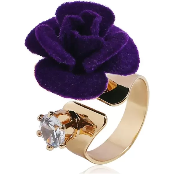 Dtja CZ Flower Wedding Ring for Women Girls Statement Engagement Round Rhinestone Suede Rose Adjustable Open Band Finger Rings Comfort Fit Cocktail Party Vintage Y2K Jewelry GiftPurple